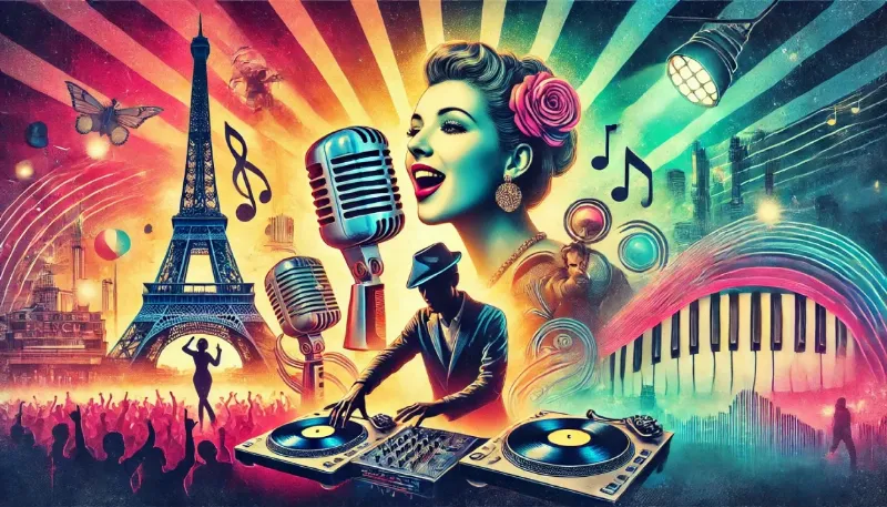 Une icône de la chanson française, Édith Piaf, chantant avec passion sur scène, capturant l'essence du patrimoine musical français